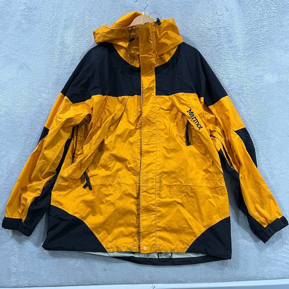 Marmot Gore-Tex Hooded Ski-Jacket With Bag Mens L Yellow Black Waterproof Zip-Up